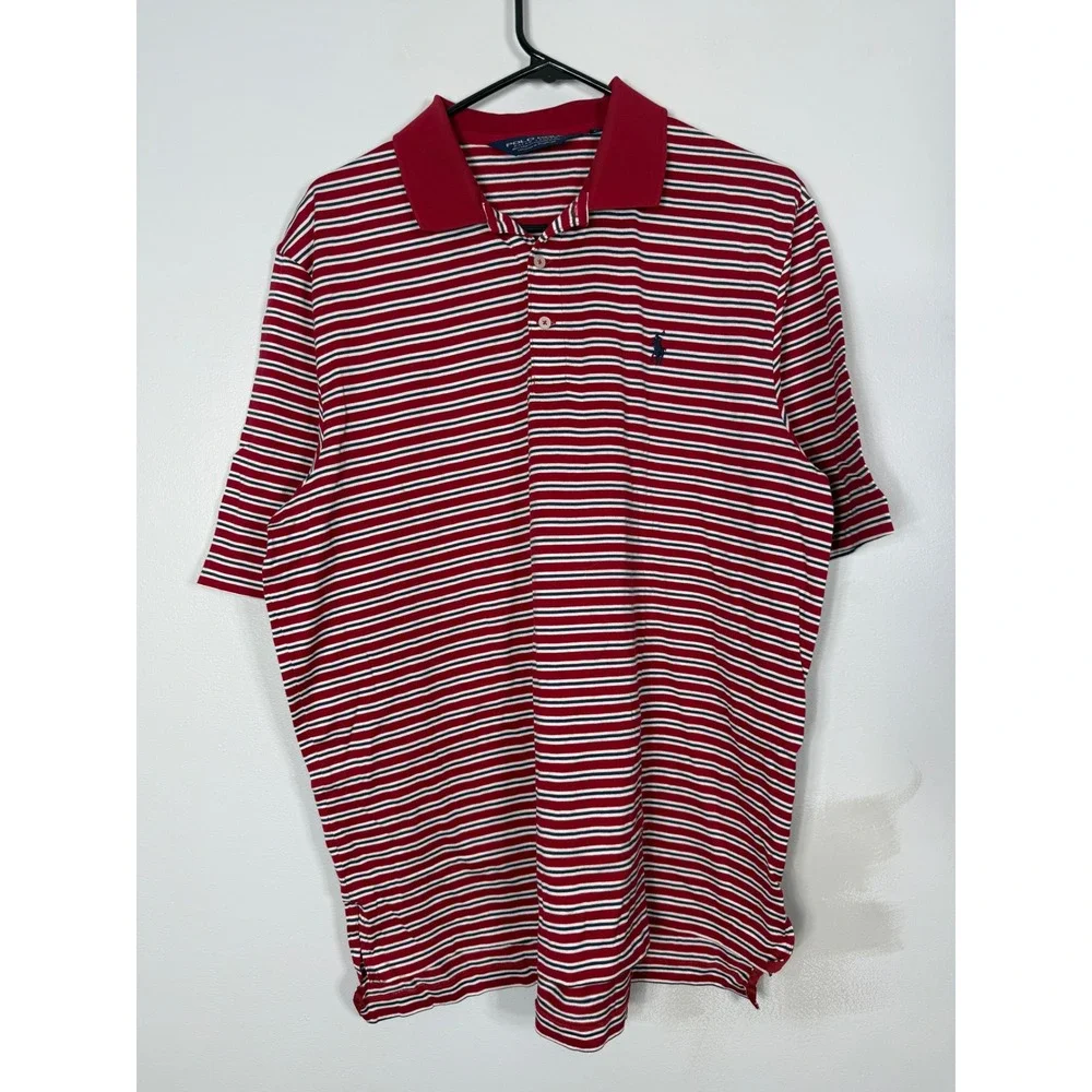 Polo Golf Ralph Lauren Mens Large Red White Blue Striped Pima Cotton Polo Shirt